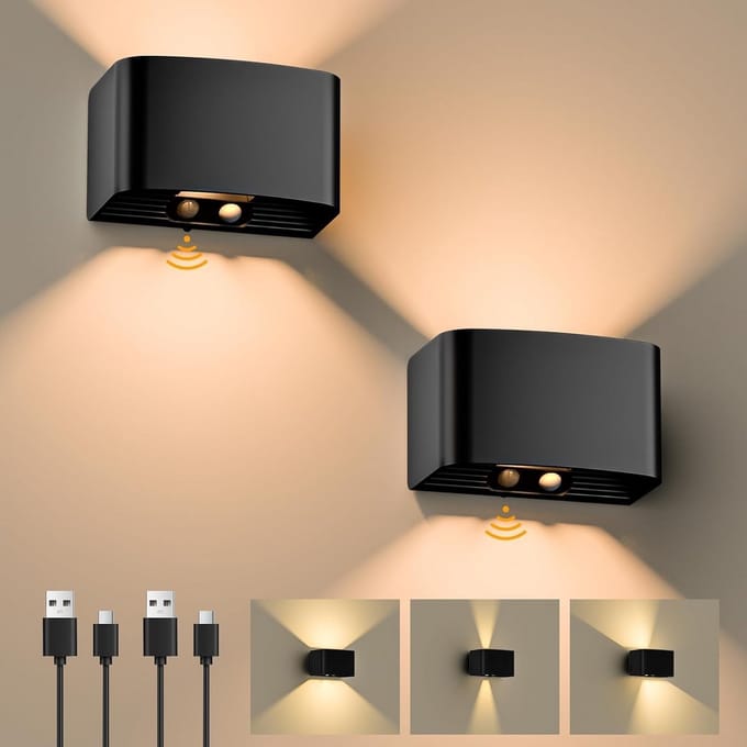 Set van 2 Draadloze LED Wandlampen met Bewegingsmelder - Oplaadbaar Warm Wit Licht (3000K)