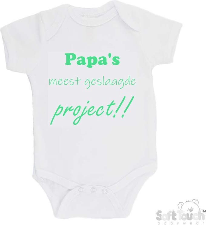 Soft Touch Romper "Papa's meest geslaagde project" Unisex Katoen Wit/mint Maat 62/68