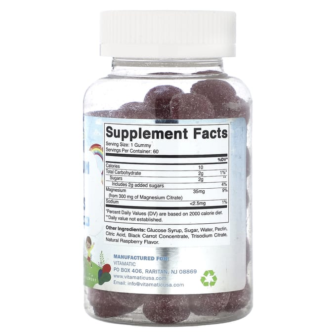 Vitamatic, kinder, magnesium kalmerende gummies, natuurlijke framboos, 60 gummies