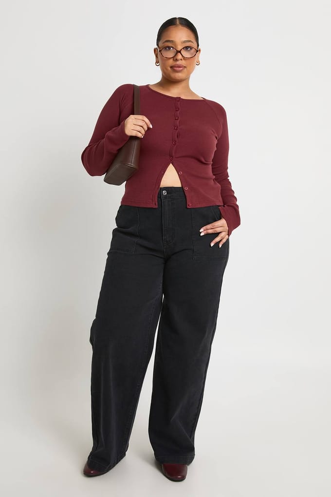 boohoo Dames Plus Elastische Taille met Zak Detail Wijdpijp Jeans | Washed Black | Maat: 28