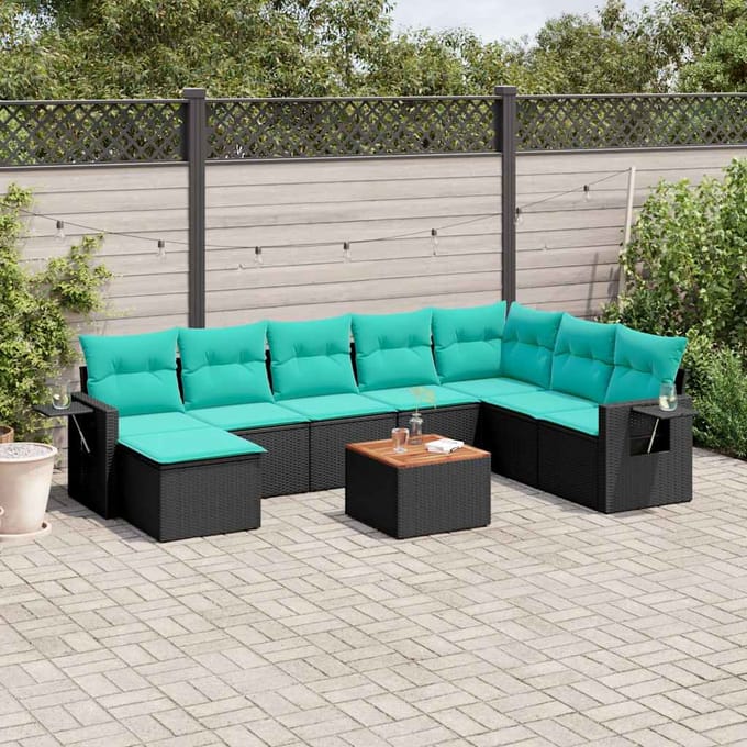 vidaXL - 9-delige - tuinbankset - met - kussens - van - zwart - polyrotan