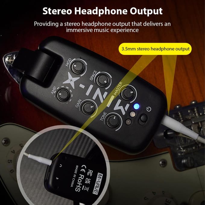 M-VAVE Gitaar Koptelefoonversterker 9 Simulatietonen Delay Reverb Chorus Multi-Effecten Mini Versterker zwart