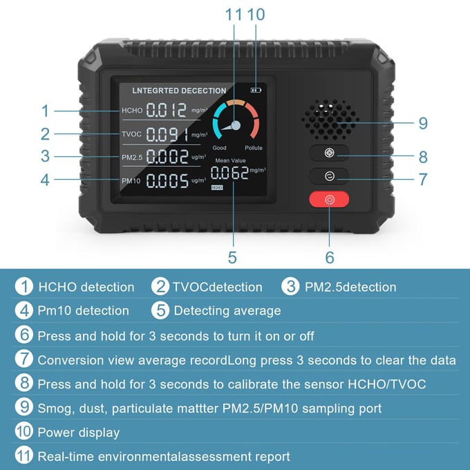Luchtkwaliteitsmonitor Formaldehydedetector TVOC PM2.5/PM10-tester Multifunctionele luchtgasdetector zwart