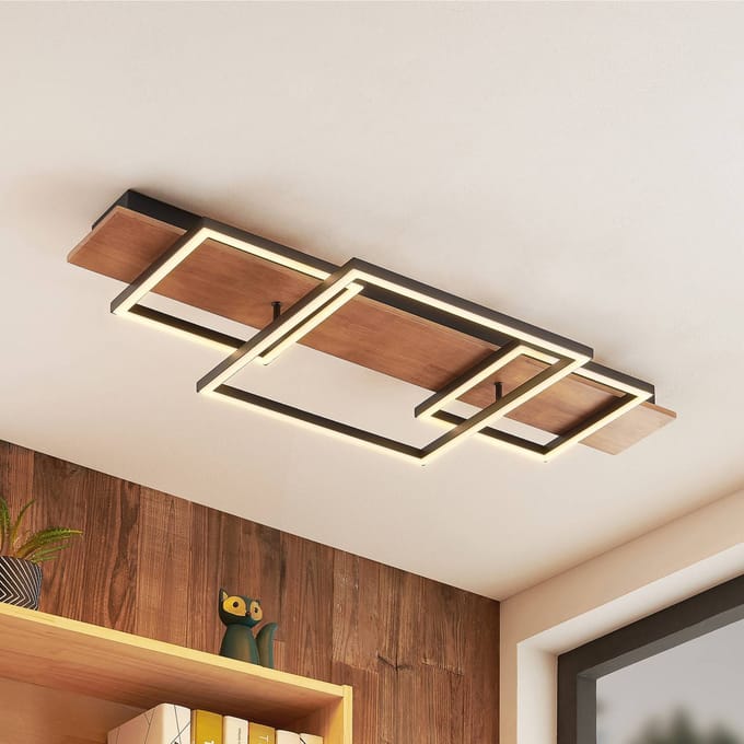 Lucande LED plafondlamp Chariska, 95cm, zwart, hout, CCT