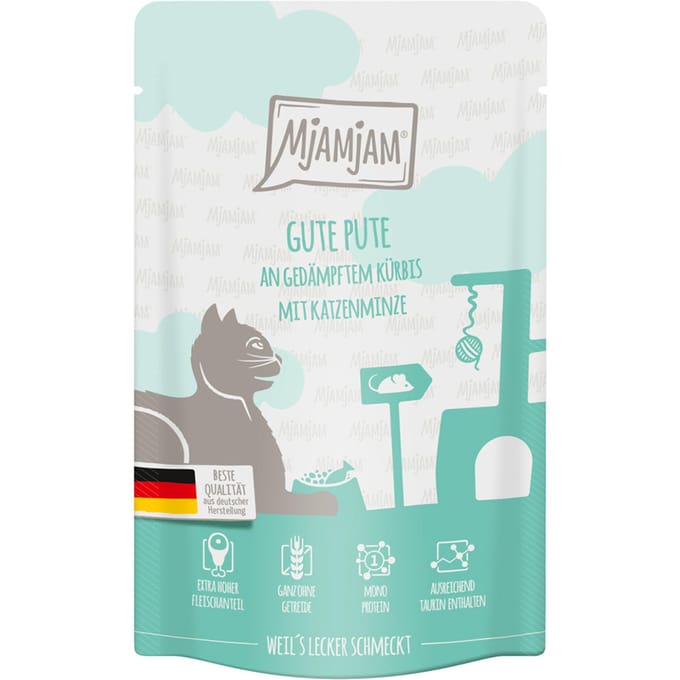 24x125g MjAMjAM Quetschie Lekkere kalkoen met gestoomde pompoen nat kattenvoer