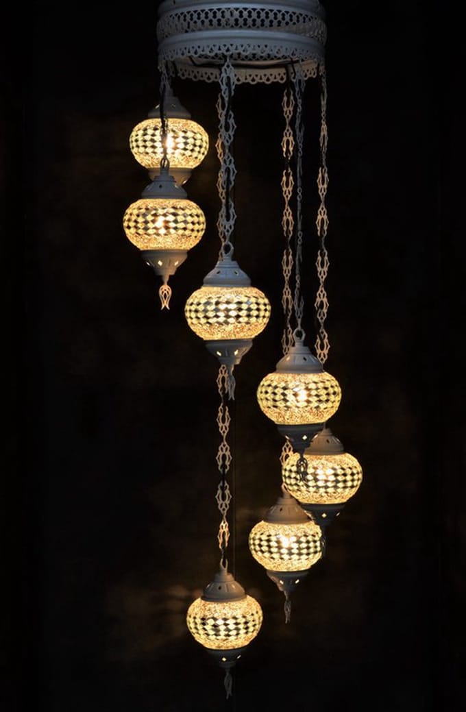 Hanglamp multicolour wit glas mozaïek Oosterse lamp kroonluchter Crèmewit 7 bollen