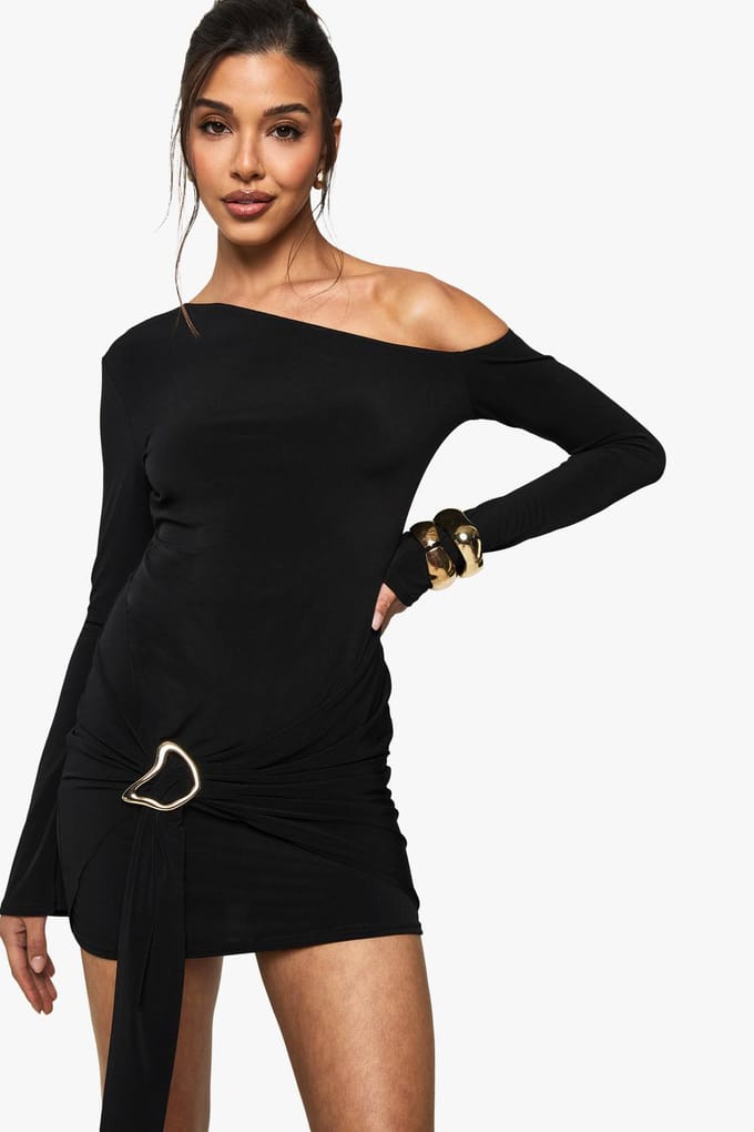boohoo Dames Asymmetrische Drape Mini Jurk | Black | Maat: 14