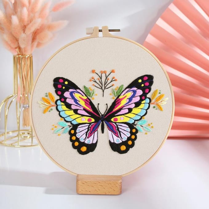 Kit de fleurs papillon brodées à la main, pour débutant, ensemble de points de croix, cerceau de couture, Kit d'artisanat d'art fait à la main multicolore