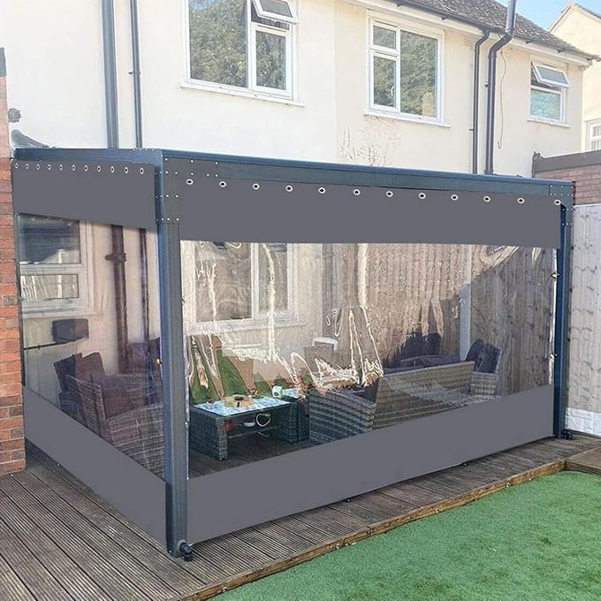 Buitengordijnen PVC Waterdicht - Transparant Winddicht - Terras Beschermen - Zware Kwaliteit 650g/m² - 2x2 meter - Heldergrijs