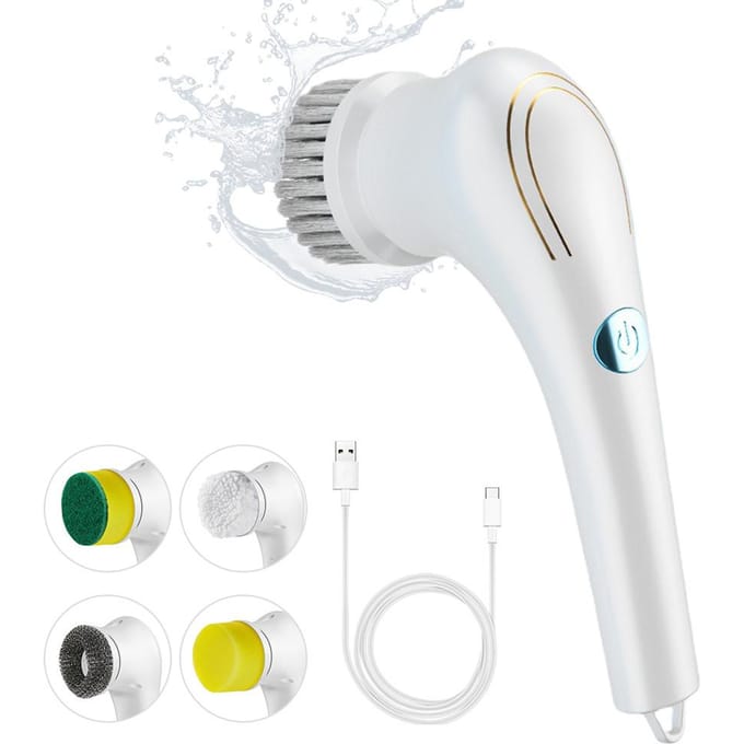 Brosse de nettoyage multifonctionnelle, épurateur électrique à rotation, avec 5 têtes, sans fil, portable, pour la cuisine blanc