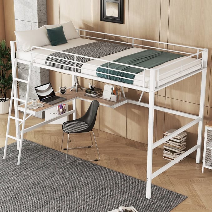 MODFU Hoogslaper 90x200 cm van metaal en MDF – met L-vormig bureau en rek – wit – EN747 gecertificeerd