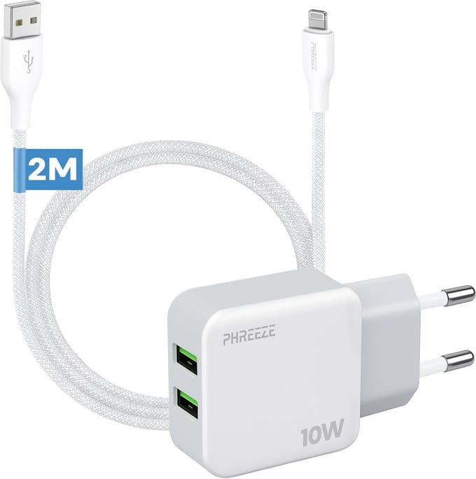Usb stekker 2 poorten met kabel geschikt voor iPhone 14 13 12 11 X 8 7 6 Plus - Usb power adapter 5v 2a - 2 meter