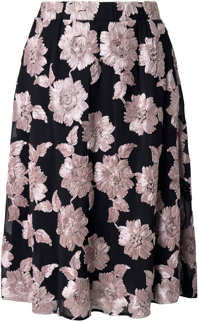 Ulla Popken - Dames - Midi-rok bloemapplicaties A-lijn elastische tailleband - Zwart - Maat 58+