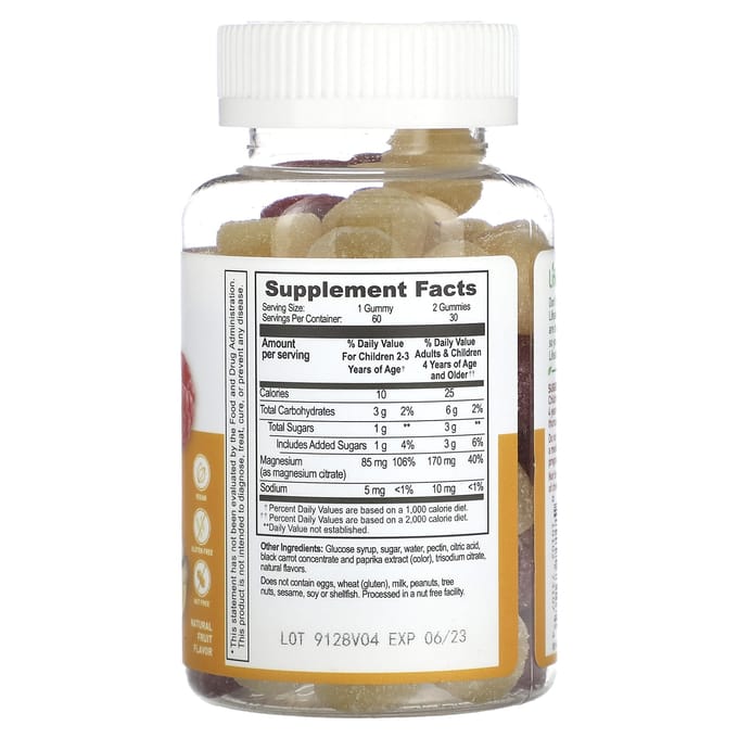 Magnesiumcitraat Gummies voor Kinderen, Natuurlijk Fruit, 85mg, 60 Gummies