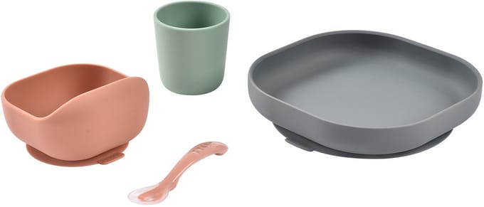 Béaba Silicone Maaltijdset - Kinderservies - 4-delig - Zuignap Kom, Bord & Lepel - Groen/terracotta/grijs