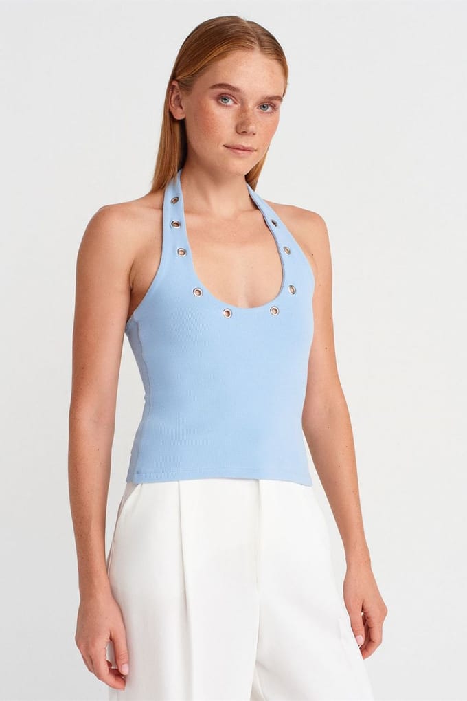 Korte Halterribbelblouse met Steendetail