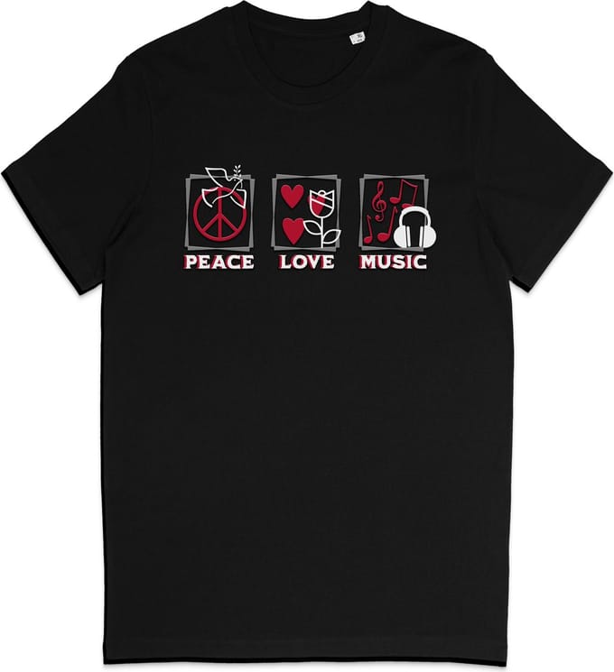 T Shirt - Vrede Liefde Muziek - Positief - Zwart - S