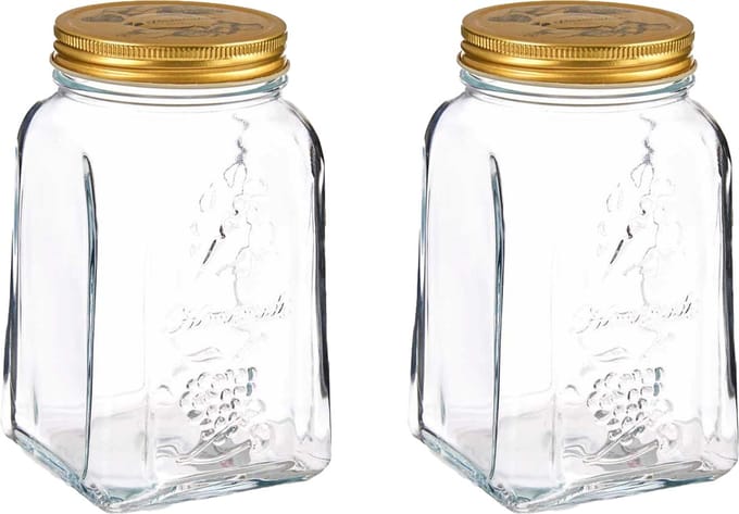 Pasabahce Voorraadpot/bewaarpot Square - 2x - glas - 1L - transparant/goud - D10 x H17 cm - voedsel bewaren