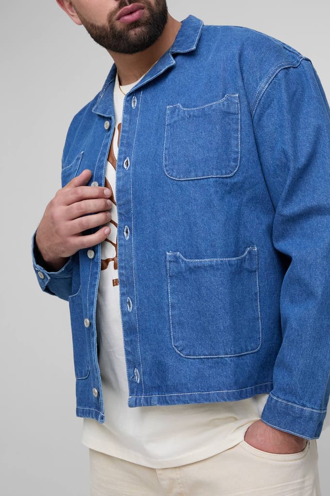 Plus oversized boxy Carpenter Pocket denim overhemd | Mid Blue | Size 3XL