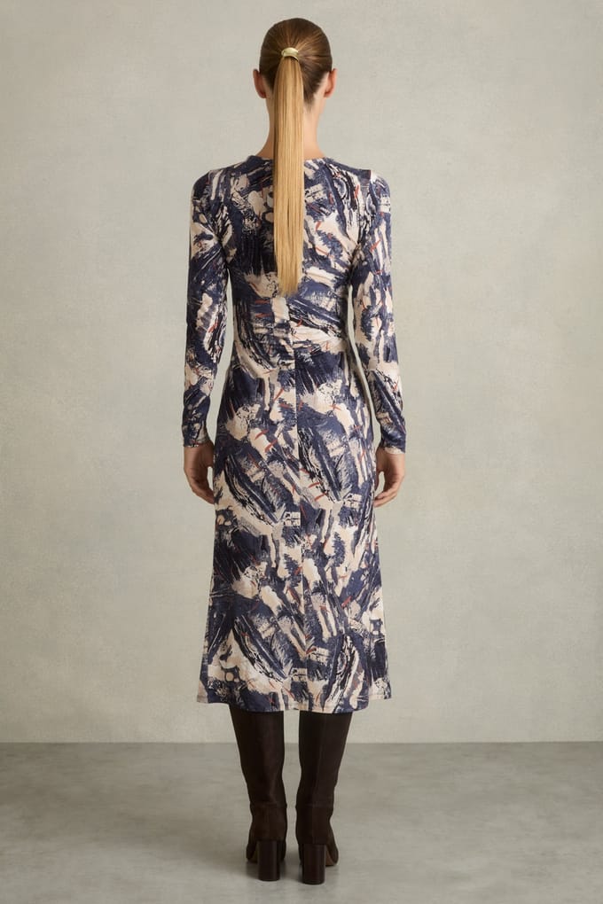 Reiss Ruched Print Midi Navy/neutral Größe: 4 | Midikleider Outlet | Damen | Blau