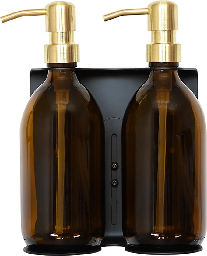 Groeikruid® Zeeppomphouder Zwart RVS inclusief Zeepdispensers | Double | 500 ml goud