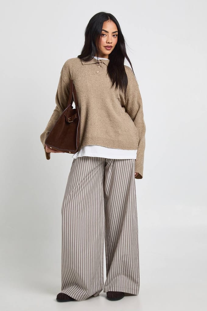 boohoo Dames Geweven Gestreepte Wijde Pijpenbroek met Elastische Taille | Chocoladebruin | Maat: 38
