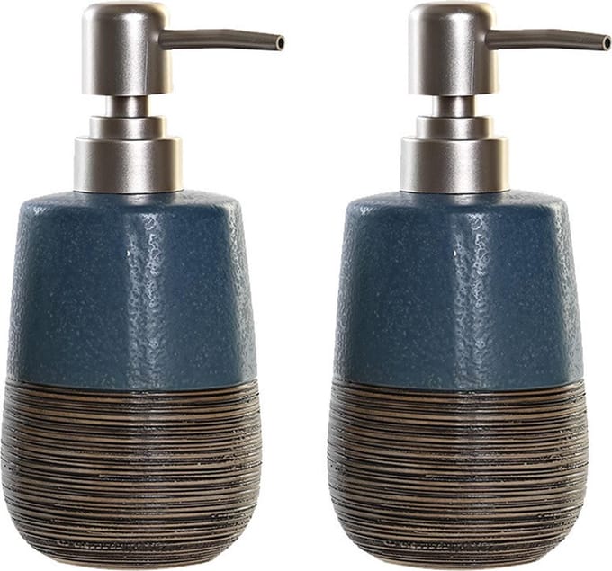 Items Zeeppompje/dispenser - 2x - polystone - marine blauw - 16 cm - toilet/badkamer