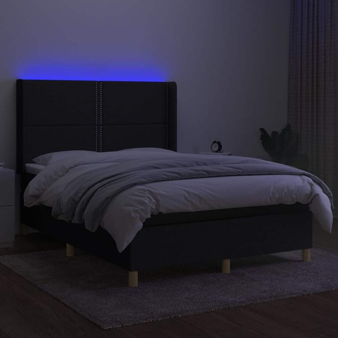 vidaXL - Boxspring - met - matras - en - LED - stof - zwart - 140x190 - cm