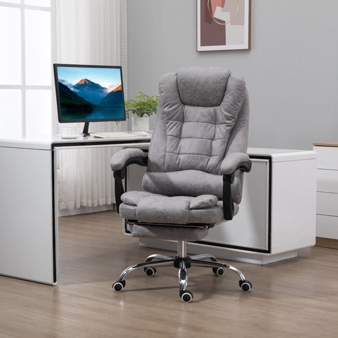 MODFU Bureaustoel Met Massagefunctie - Verstelbare Rugleuning En Voetensteun - Ergonomisch - Microvezel - Grijs