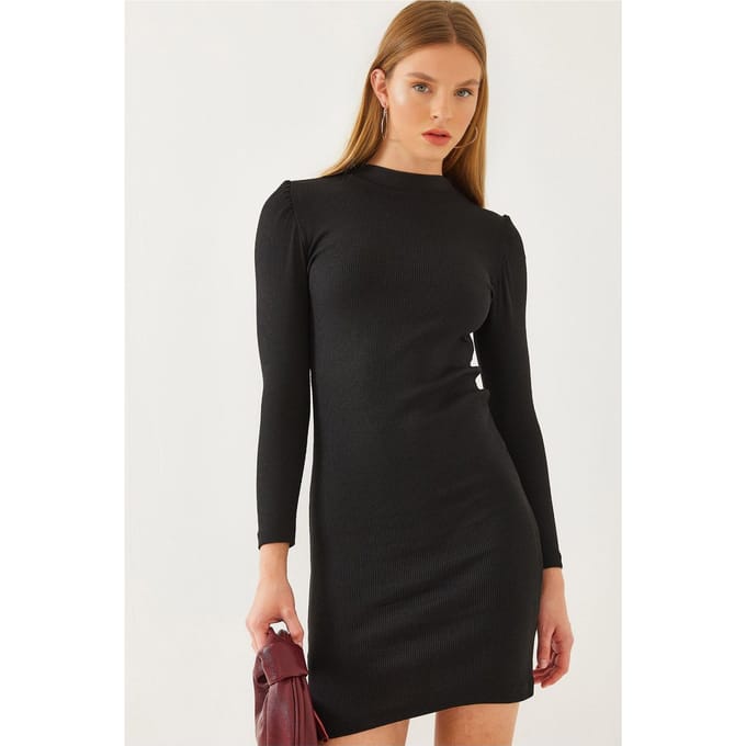 Geribbelde Jersey Mini-jurk met Ronde Hals