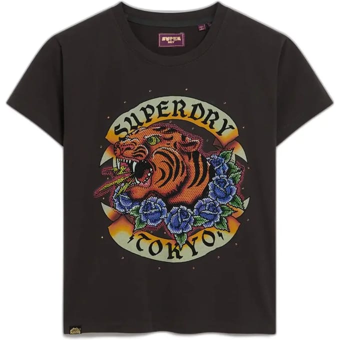 Superdry - Tattoo Rhinestone getailleerd T-shirt - Dames - T-shirts
