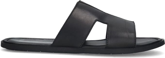 Manfield - Heren - Zwarte leren slippers - Maat 42