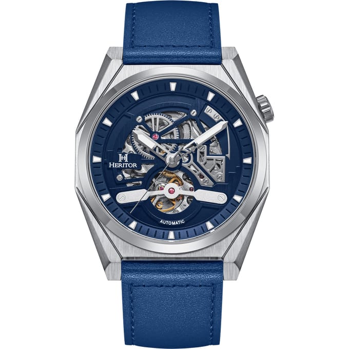 Heritor Automatic Amadeus Semi-Skelet leren band horloge - Zilver/Blauw