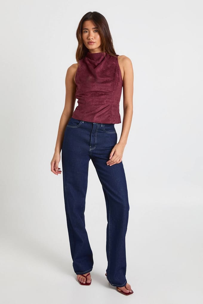 boohoo Dames Imitatiesuede Hoge Hals Cowl Top | Wine | Maat: 8