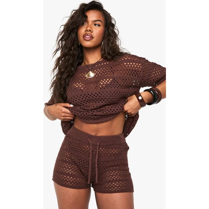boohoo Dames Gehaakte oversized gebreide top en knicker short set | Chocoladebruin | Maat: Medium