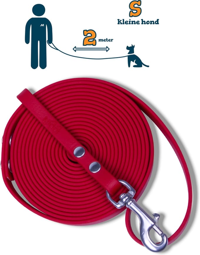 Miqdi hondenriem - BioThane – rood – 2 meter lang – 9mm breed – XS/S – kleine hond