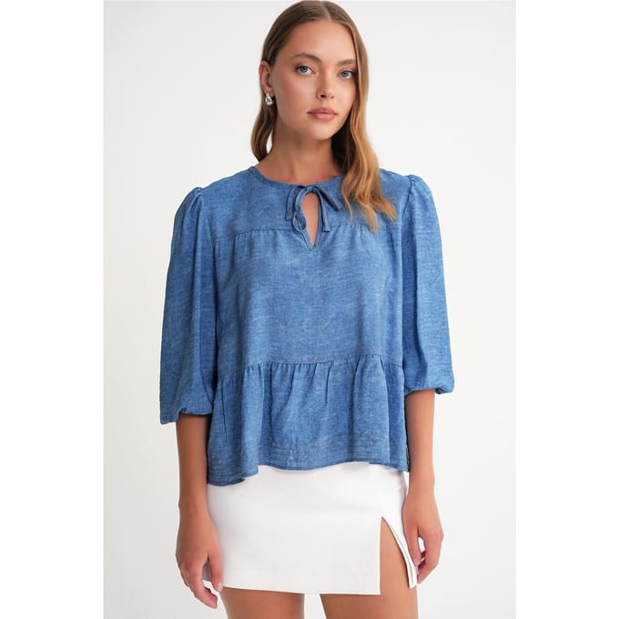 Denimachtige Gerimpelde Ballonmouw Blouse