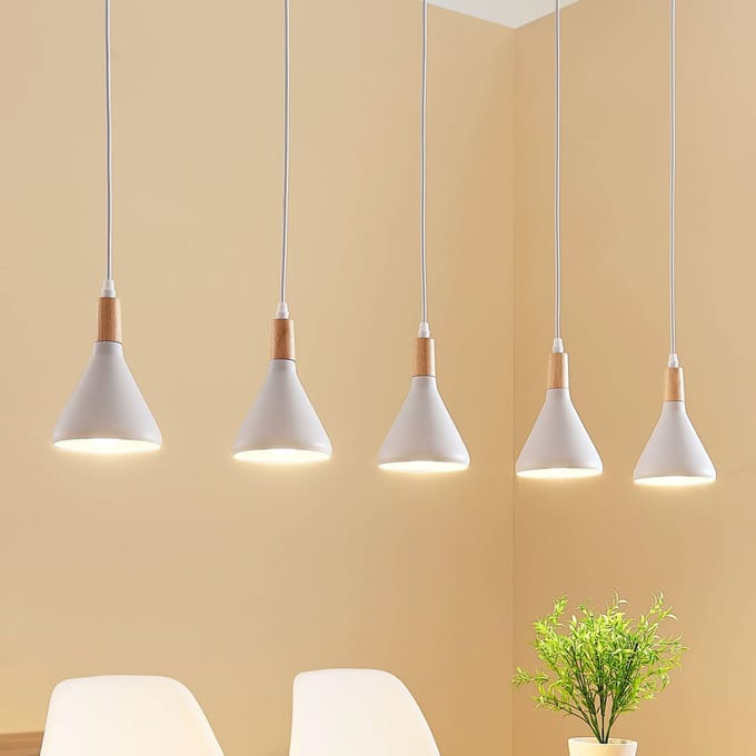 Lindby - hanglamp - 5lichts - Metaal, hout - H: 17 cm - E14 - wit, licht hout