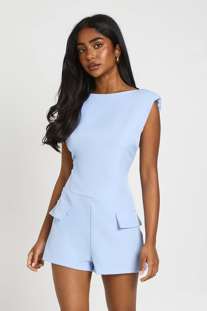 boohoo Dames Playsuit Met Boothals En Getailleerde Pasvorm | Pastelblauw | Maat: 40
