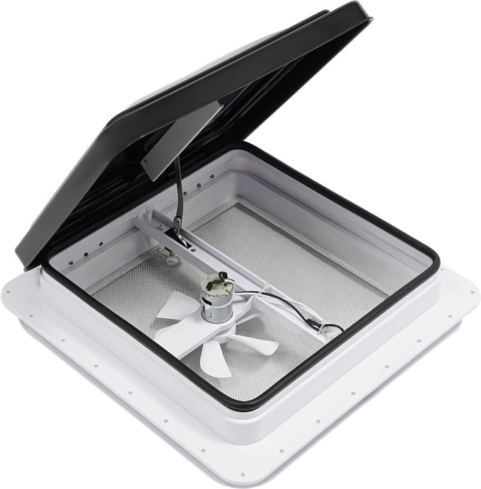 DIMICO - Dakventilator camper - Dakraam Caravan - Dakluik met ventilator - 42x42 CM - Insectennet - Universeel - Zwart/Wit