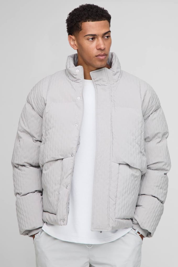 Oversized Fit Getextureerde Trechterkraag Pufferjas | Grey | Size Medium