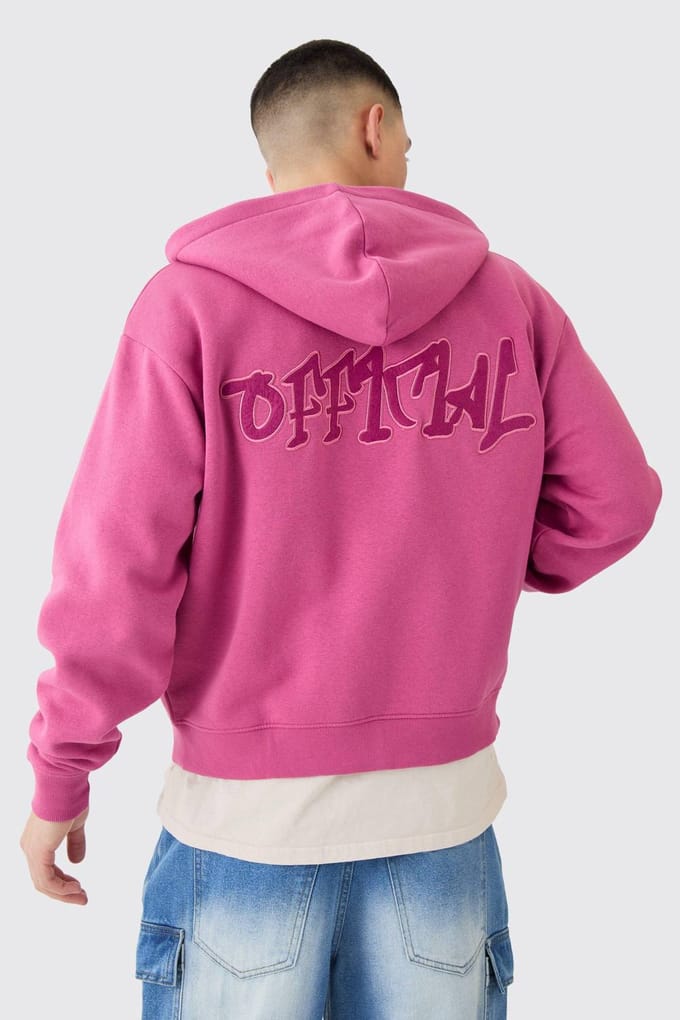 Official Graffiti Boxy Fit Zip Through Hoodie | Pink | Size Medium