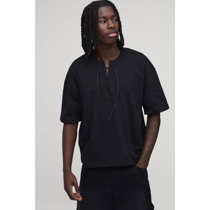 Oversized Boxy T-shirt Met Trekkoord En V-hals | Black | Size Large