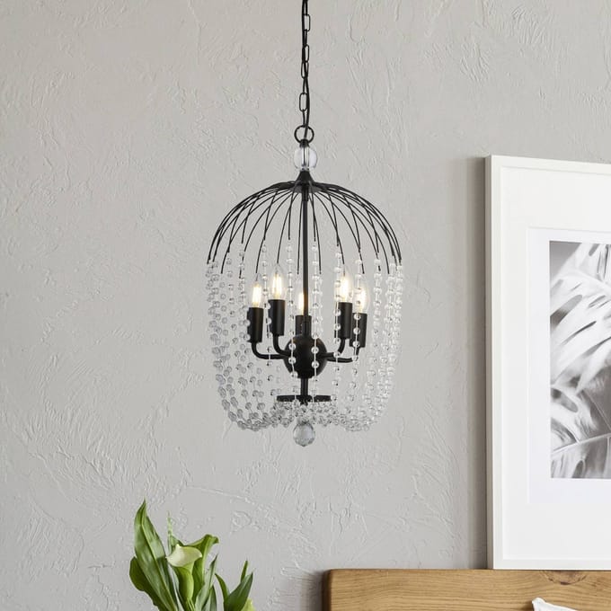 Searchlight Hanglamp douche, zwart/helder, kristalglas, E14, Ø 36cm