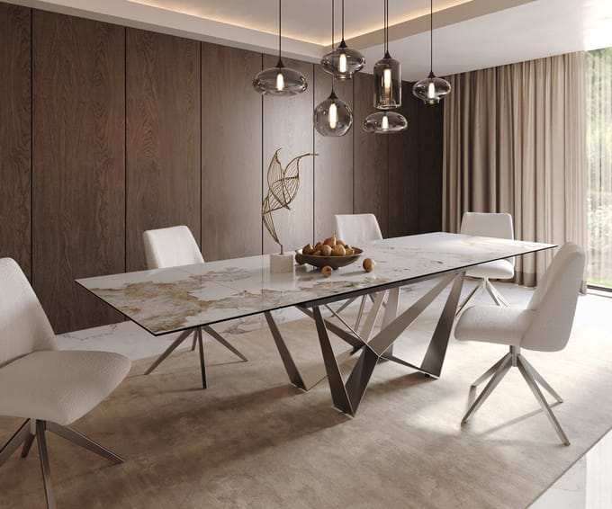 Eetkamertafel Edge keramiek Minas Melange wit-beige 200-300x100 spider vlak staal RVS uitschuifbaar