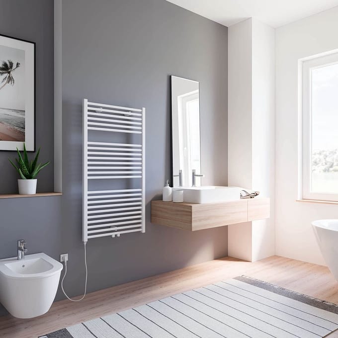 Schulte TURBO - elektrische designradiator - 60x113cm - wit - handdoekdroger - continustroom aansluiting links - 300 Watt