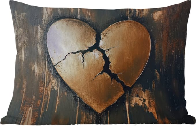 Buitenkussens - Gebroken hart - Goud - Houtlook - Liefde - 60x40 cm - Weerbestendig
