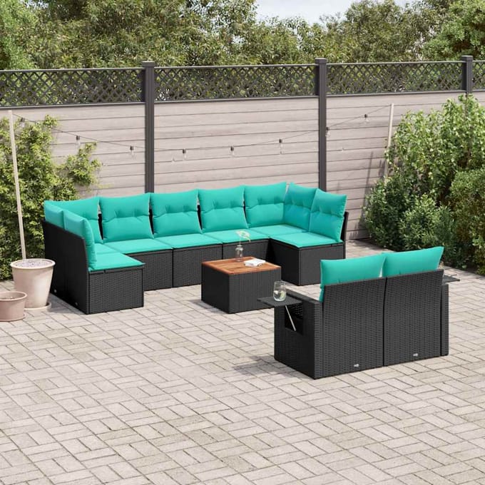 vidaXL - 10-delige - tuinbankset - met - kussens - van - zwart - polyrotan