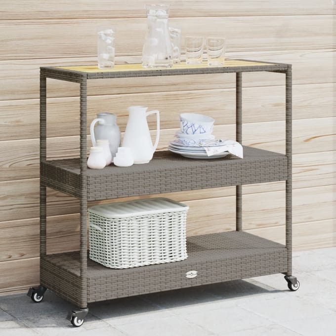 vidaXL - Keukentrolley - 3-laags - poly - rattan - en - massief - acaciahout - grijs