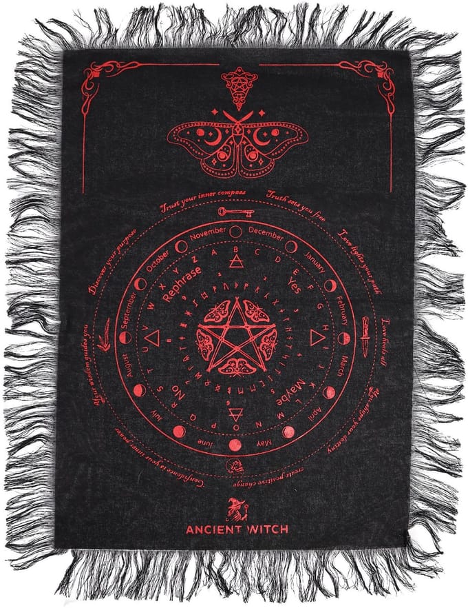 Ancient Witch Pendulum Divination Cloth - Mystic Moth - Black & Blood Red